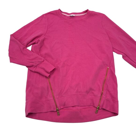 Crown & Ivy Pink Textured Long Sleeve Cotton Sweatshirt Gold Zipper Accents Wome - Picture 1 of 5